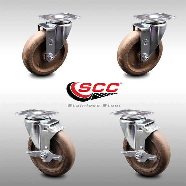 5 Inch SS High Temp Glass Filled Nylon Swivel Top Plate Caster Set with 2 Brakes
